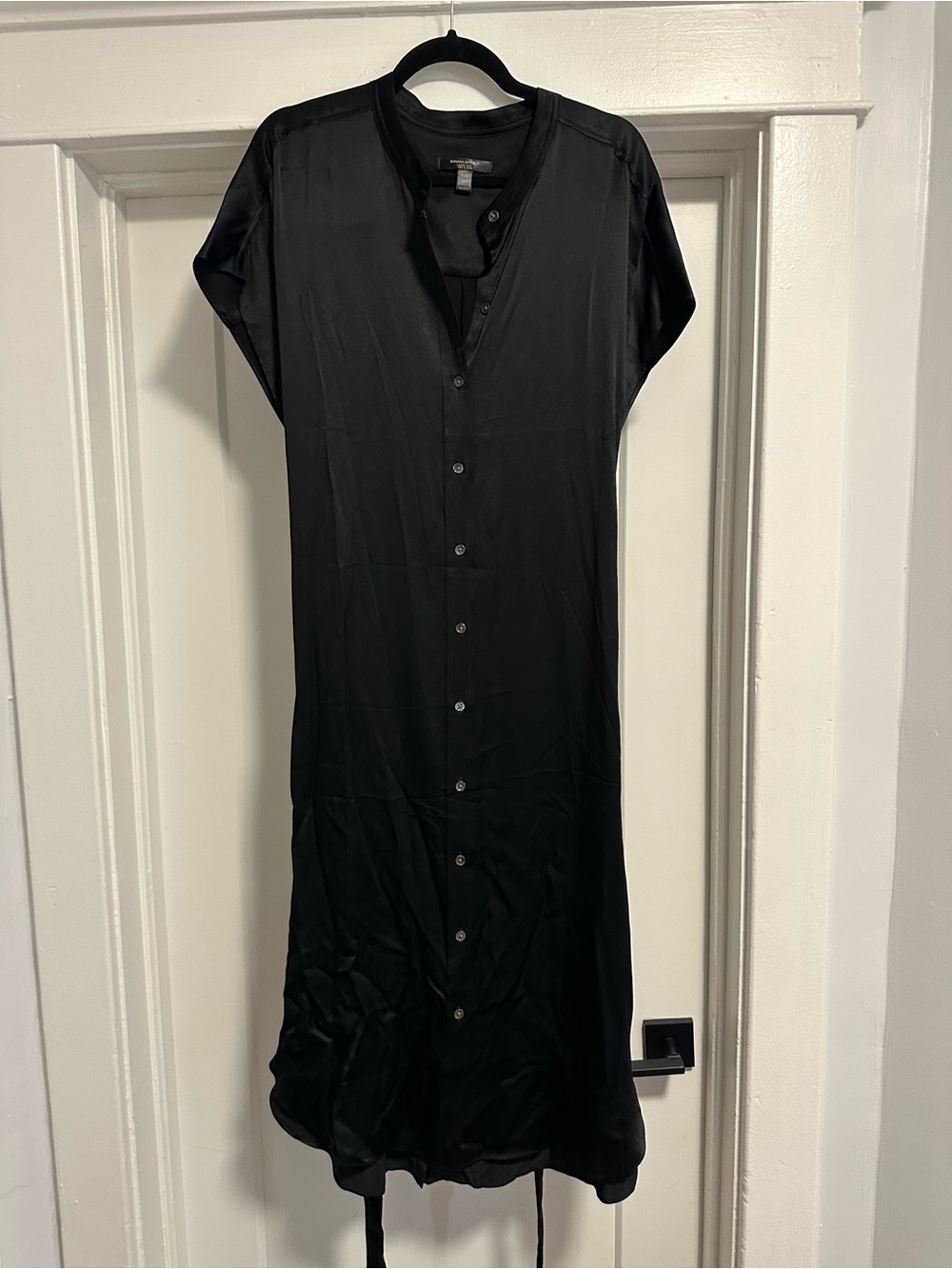 Banana Republic Satiny Black Button-Front Midi Dress with Belt Tie